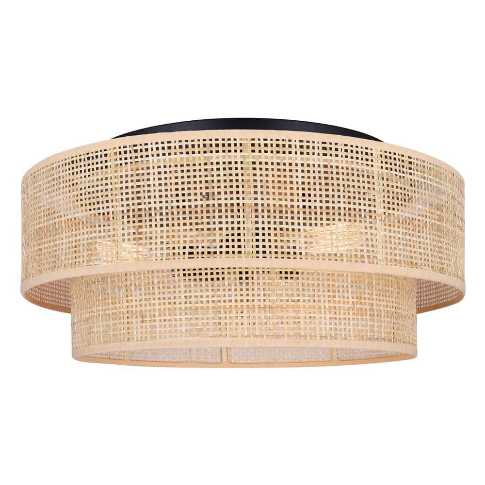 Bellamy 19-Inch 3-Light Flush Mount Ceiling Light – Contemporary Black Finish with Natural Rattan Shade, Warm Lighting for Bedroom, Hallway, or Entryway