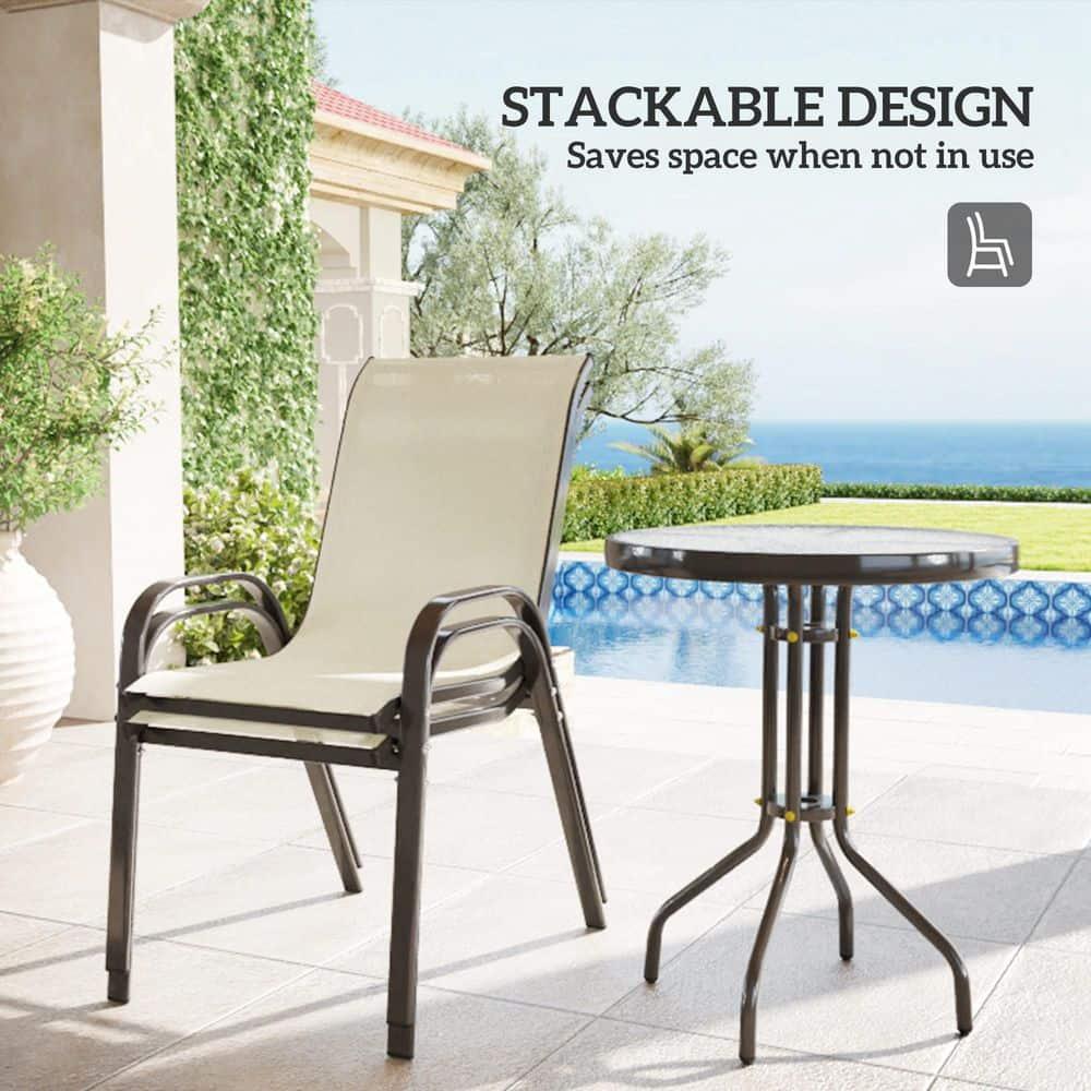 Outsunny 3 Pieces Outdoor Bistro Set, Patio Furniture with Stackable Chairs and Glass Table, High Back Small Patio Set for Balcony, Porch, Beige