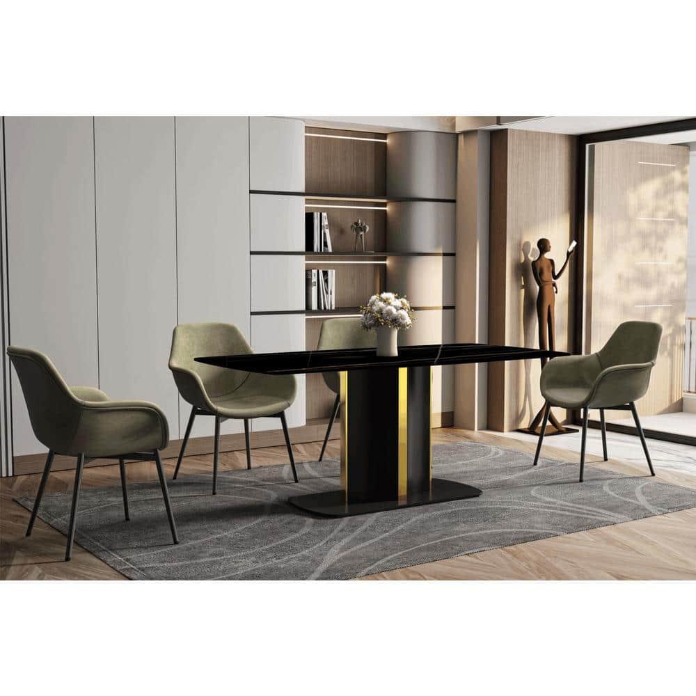 LeisureMod Sylva 62" Rectangular Dining Table Indoor Modern Kitchen Table with Sintered Stone Wide Top and Steel Pedestal Base in Black/Gold