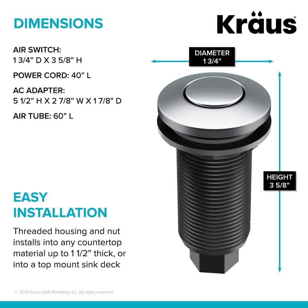 Kraus KRAUS Garbage Disposal Air Switch Kit with Push Button, AC Adapter, Power Cord, and Air Tube Included