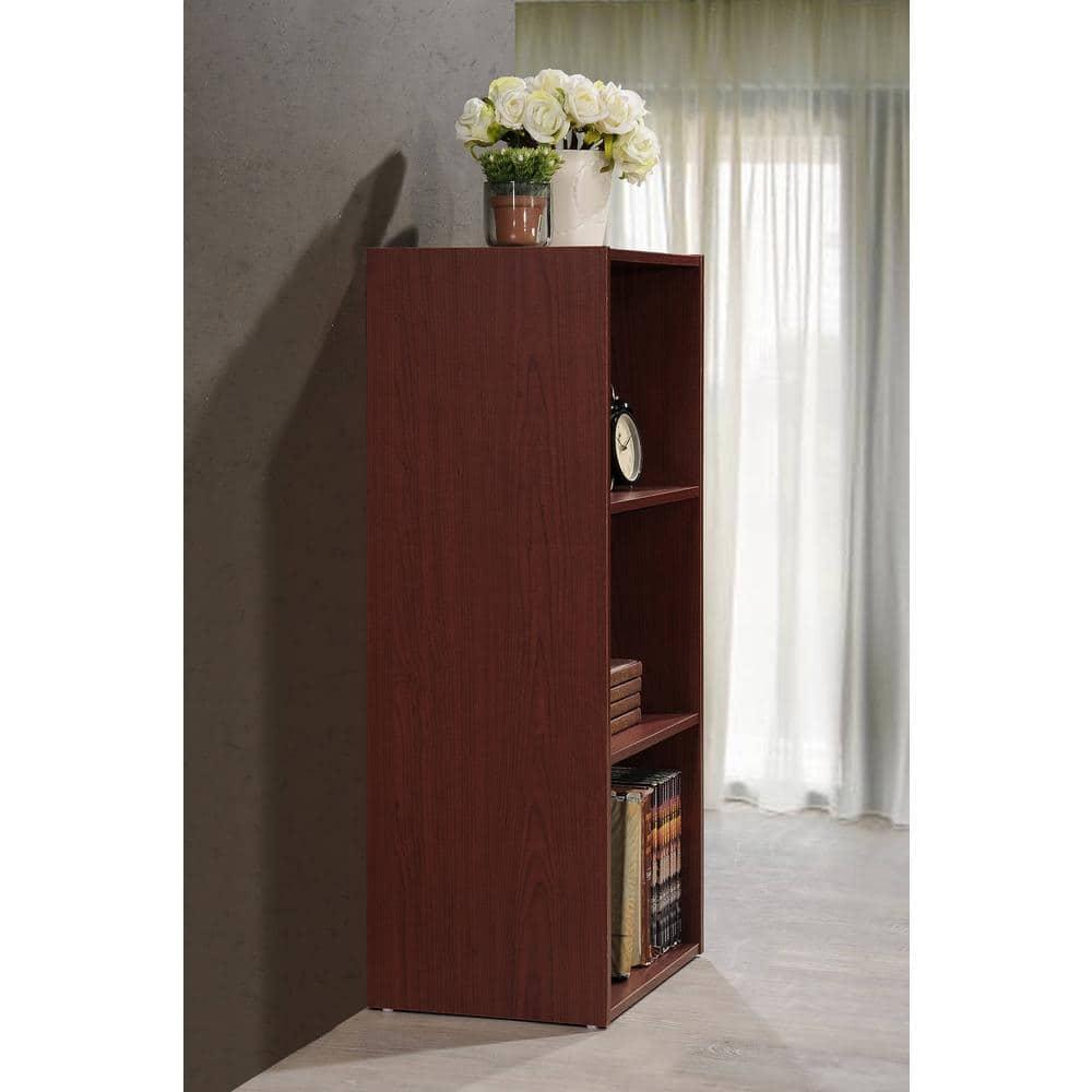 Hodedah HID23 High Quality 3 Shelf Home, Office, and School Organization Storage 35.67 Inch Tall Slim Bookcase Cabinets to Display Decor, Mahogany