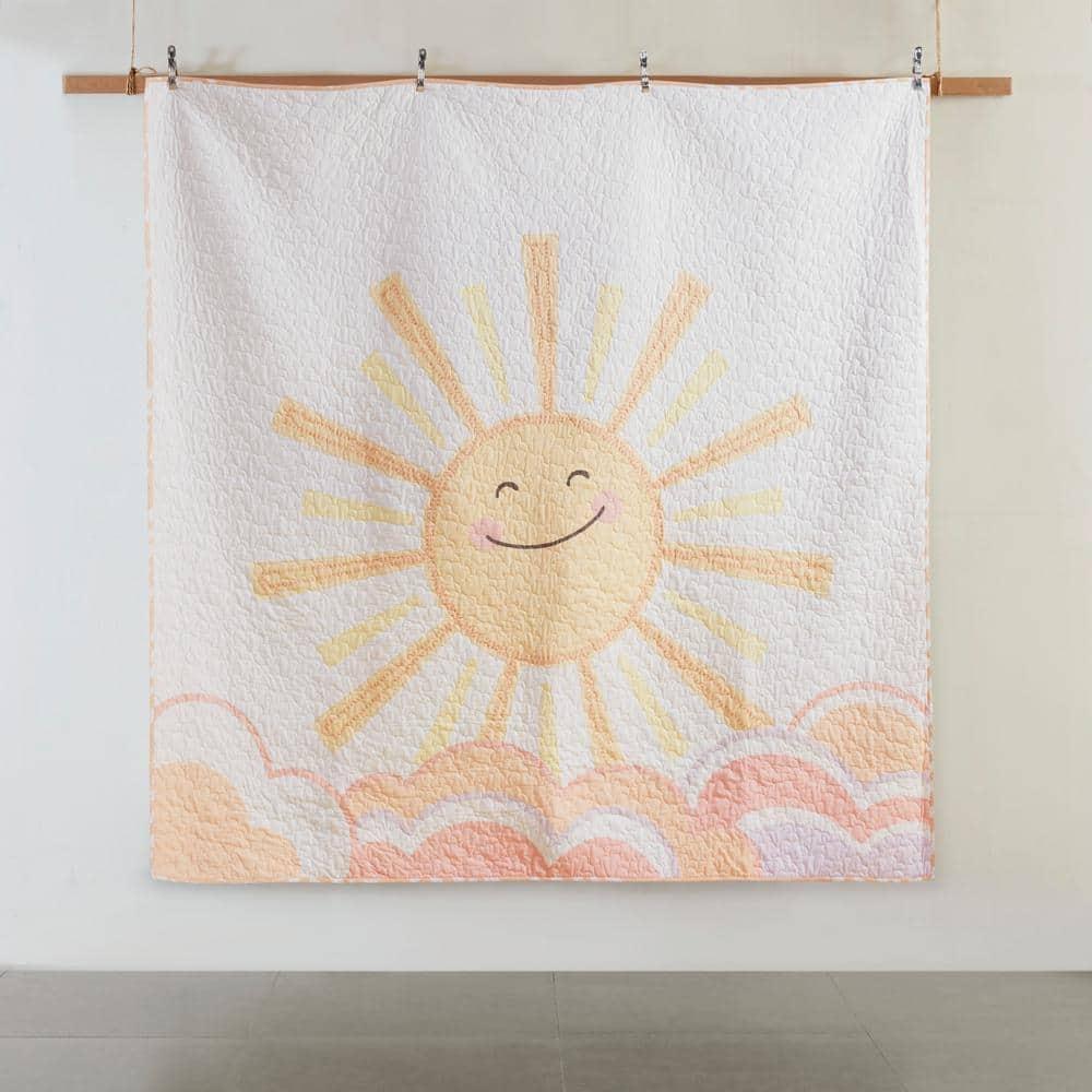 Intelligent Design Kids Dawn Sunshine Clouds Yellow/Coral 100% Cotton Reversible Quilt Set Full/Queen