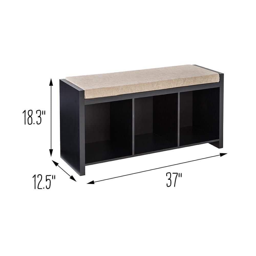 Honey-Can-Do Wood 3-Cubby Shoe Storage Organizer Bench with Cushion, Black/Tan