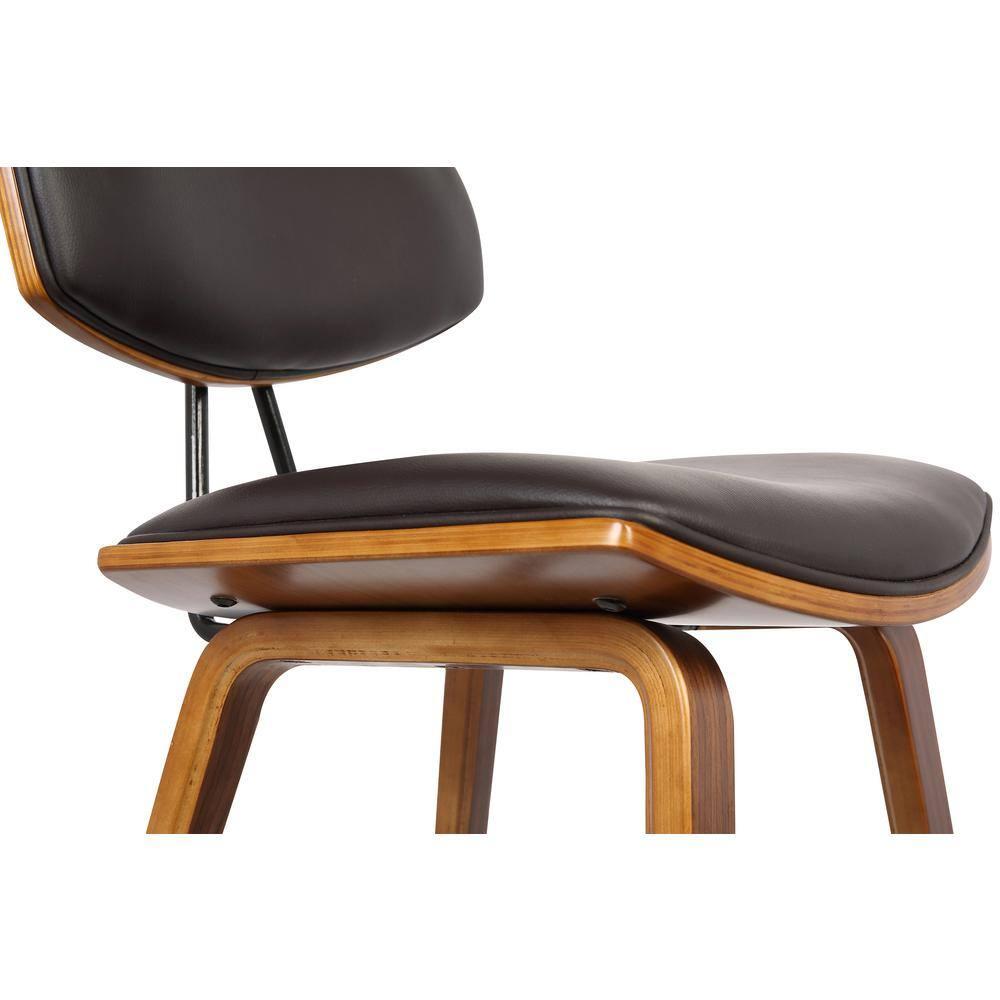 Armen Living 26" Fox Mid-Century Counter Height Barstool in Brown Faux Leather with Walnut Wood: Upholstered Square Seat, Padded Back