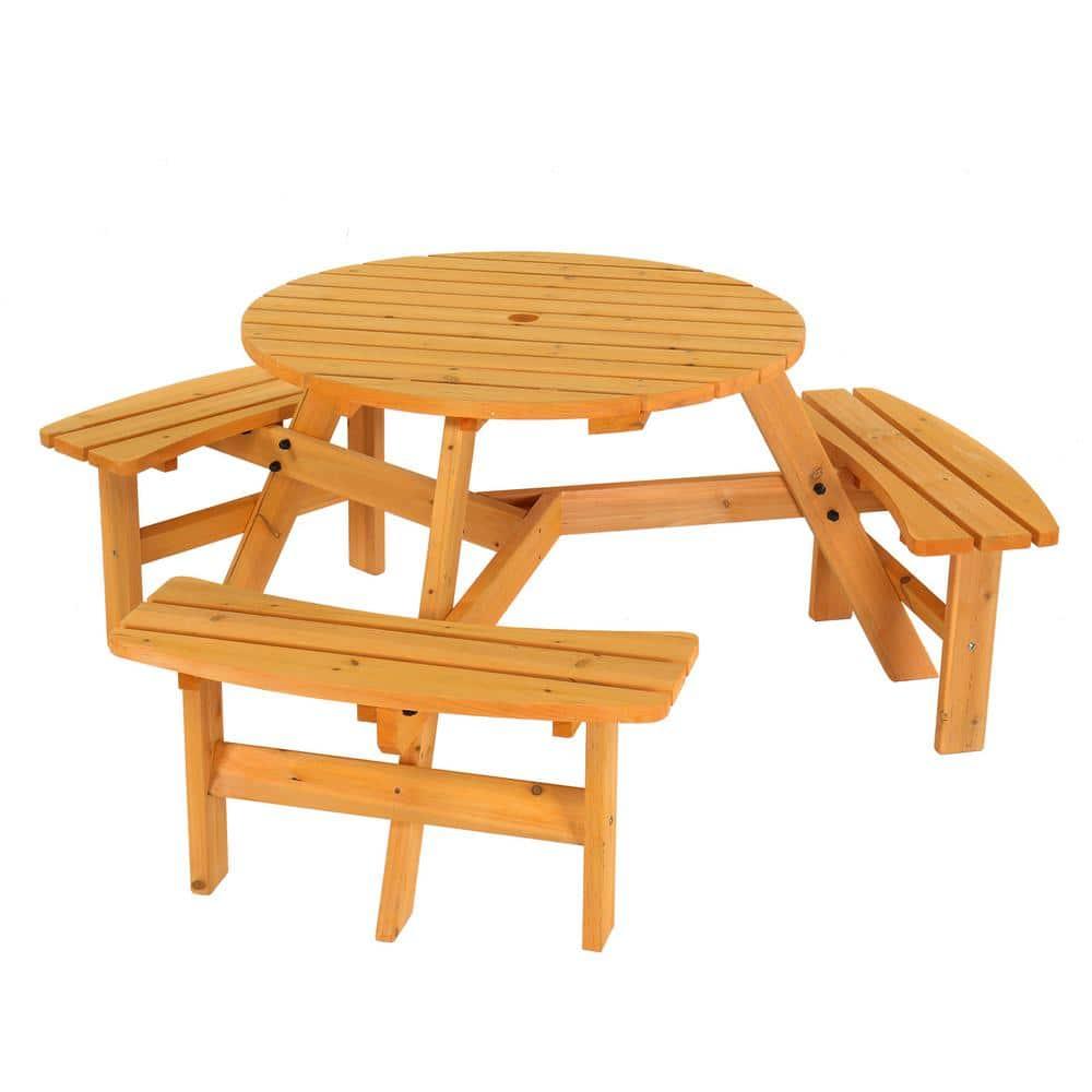 Best Choice Products 6-Person Circular Outdoor Wooden Picnic Table w/ 3 Built-In Benches, 500lb Capacity - Natural