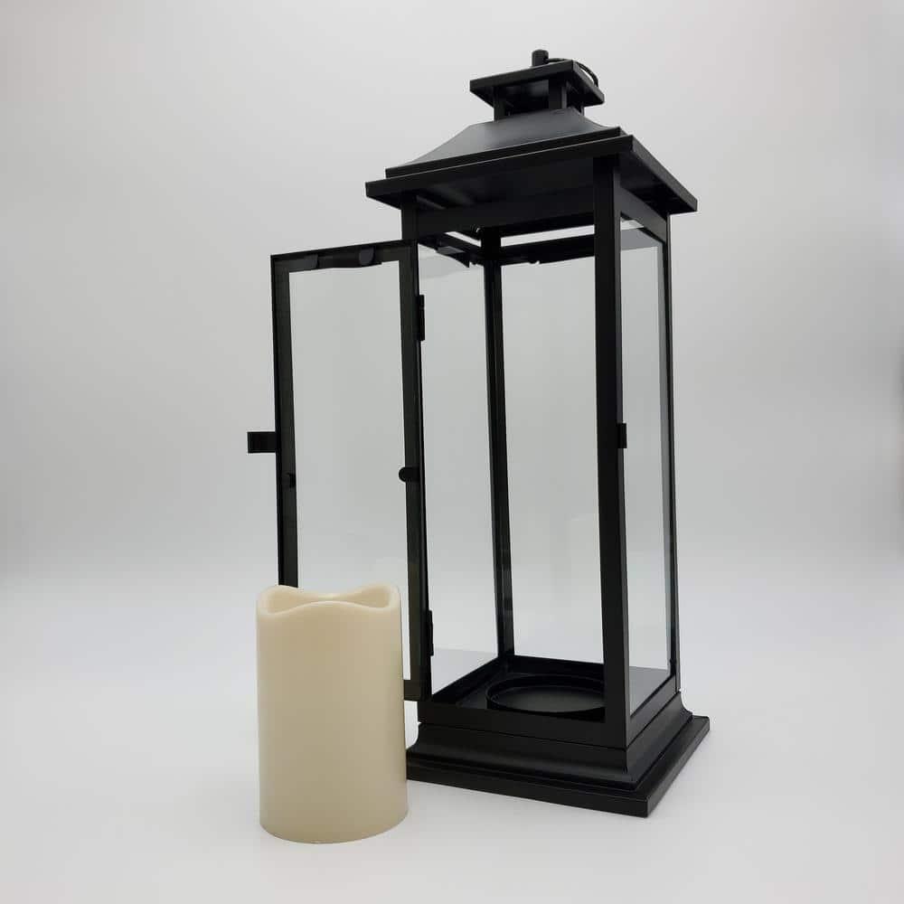 LumaBase Metal Lantern with Battery Operated Candle - Traditional Black