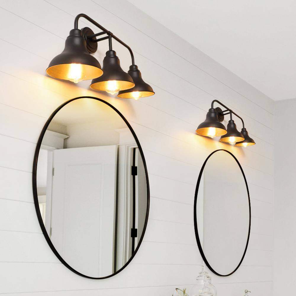 Farmhouse 25.25 in. 3-Light Black Vanity Light with Black Metal Shades