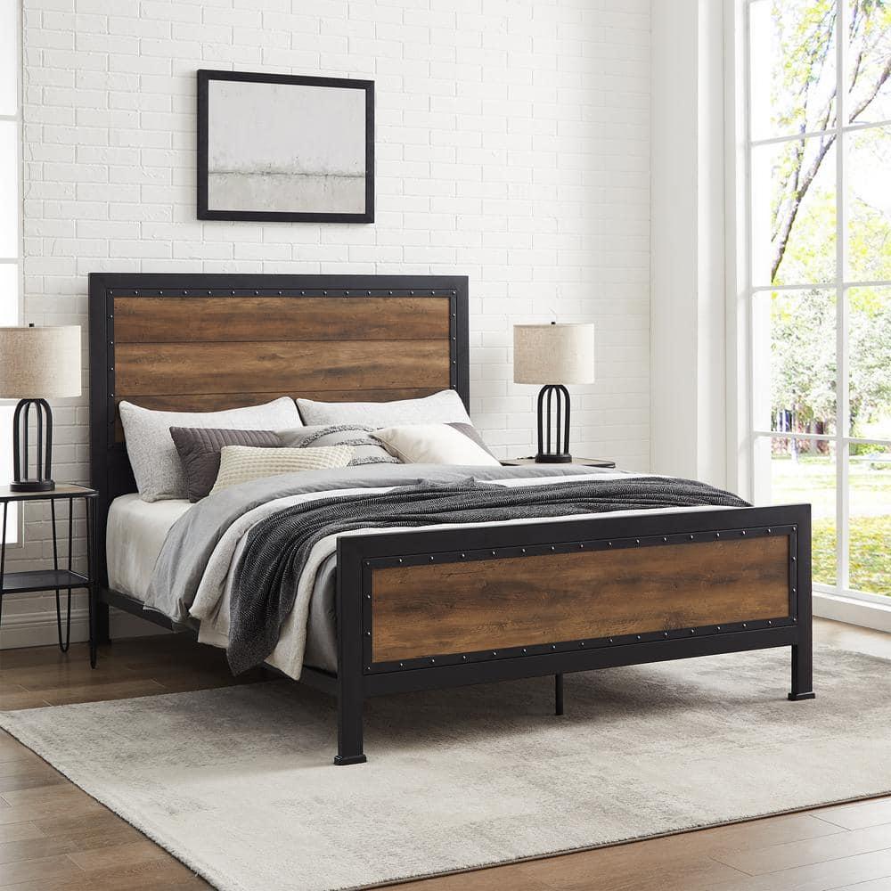 Rustic Oak Queen Bed with Metal Frame and Wood Headboard