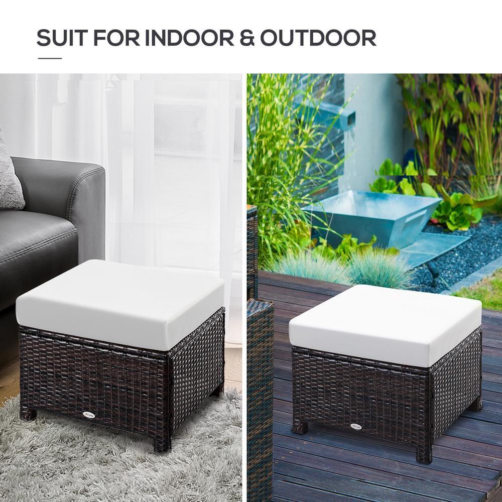 Outsunny 20" Outdoor Ottoman, PE Plastic Rattan Wicker, Fade-Resistant Patio Footrest with Soft Cushion, Steel Frame, Dark Brown, Cream White