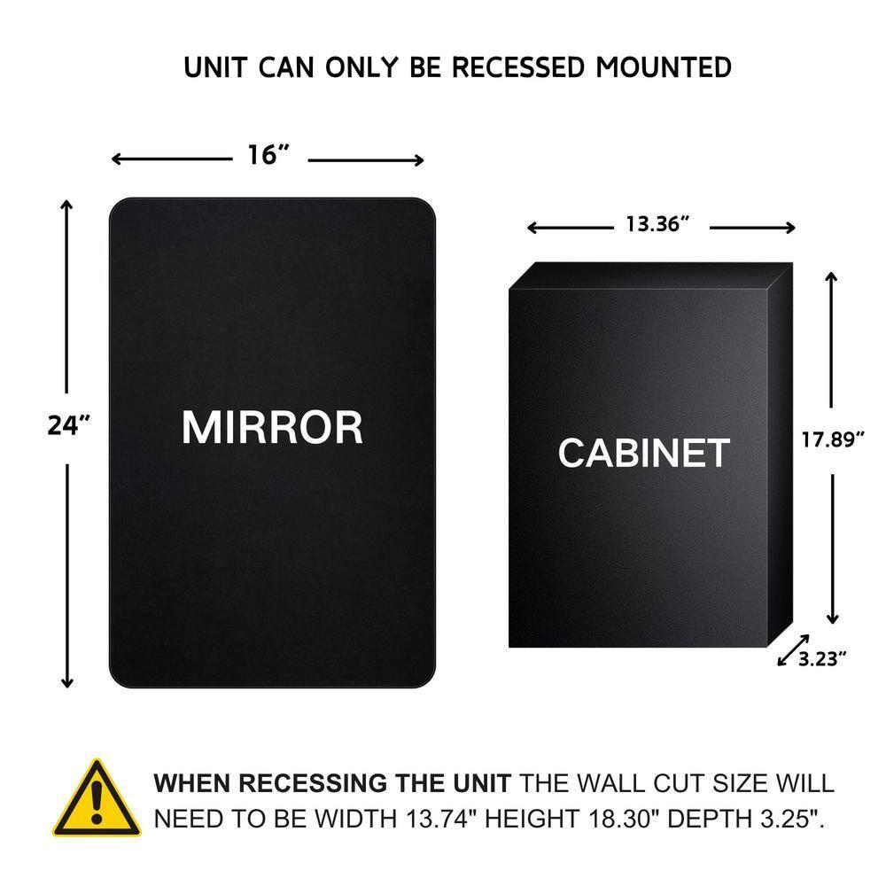 TEHOME Farmhouse 16 in. W x 24 in. H Small Recessed Metal Rectangular Bathroom Medicine Cabinets with Mirror in Matt Black