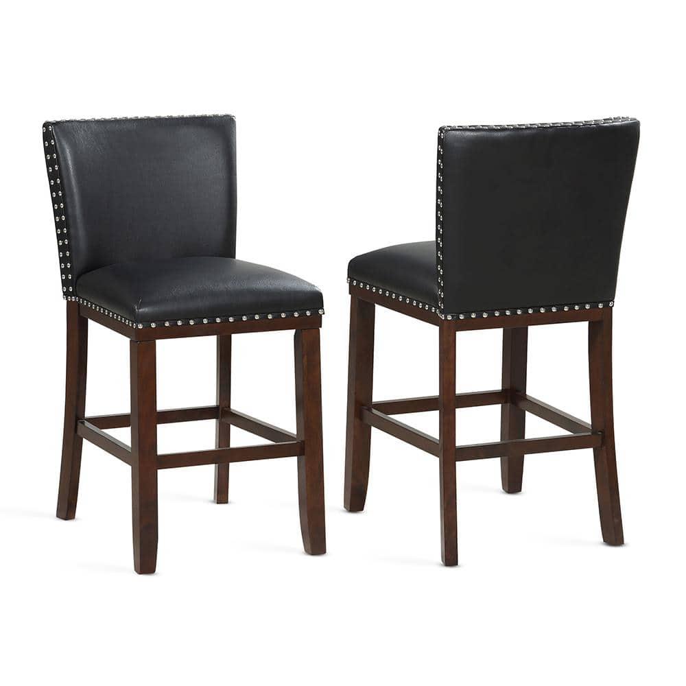 Tiffany Counter Chairs - Set of 2 - Black - Nailhead Trim Kitchen Island Stools - Wood Legs