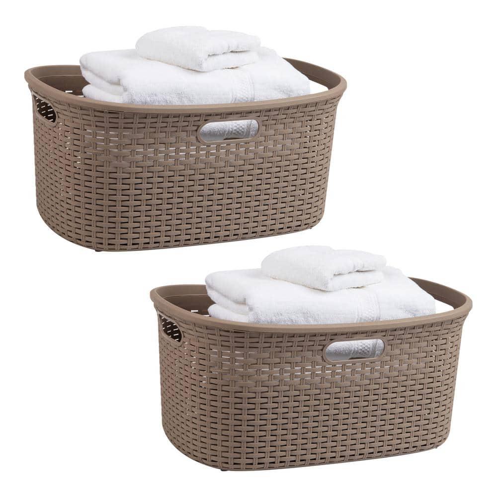 Mind Reader 40L Laundry Basket, Clothes Hamper, Lid, Wicker Design, Plastic, 23"L x 14.5"W x 11"H, Set of 2, Tan