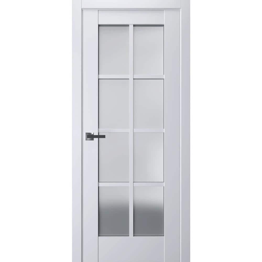 Interior Solid French Pre-Hung Door Frosted Glass | Veregio 7412 White Silk | Single Regular Panel Frame Trims Handle | Bathroom Bedroom Sturdy Doors -24" x 80"