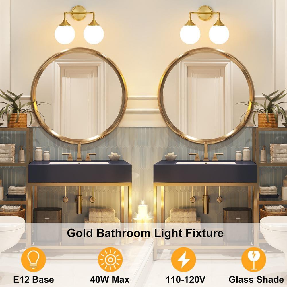 14.17 in. 2-Light Gold Vanity Light with Milk White Glass Shade, Suitable for Bathrooms Dining Room Powder Rooms