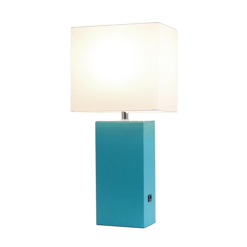 21" Lexington Leather Base Modern Home Decor Bedside Table Lamp with USB Charging Port and Fabric Shade Teal Green/White - Lalia Home: No Assembly