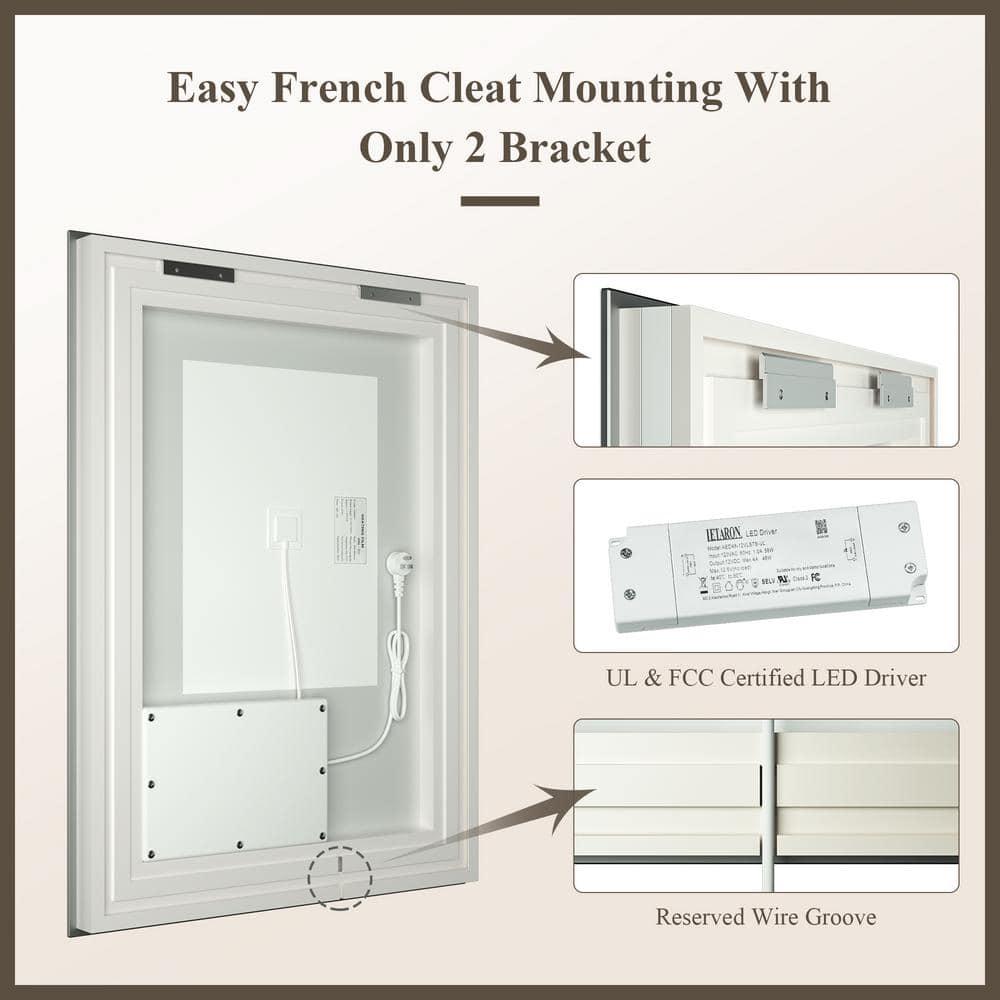 Keonjinn LED Bathroom Mirror 48" x 24" with Frontlit and Backlit, Stepless 3 Colors Temperature & Dimmable Wall Mirror, Tempered Glass, UL Listed LED Driver, Double LED Strips Lighted Vanity Mirror