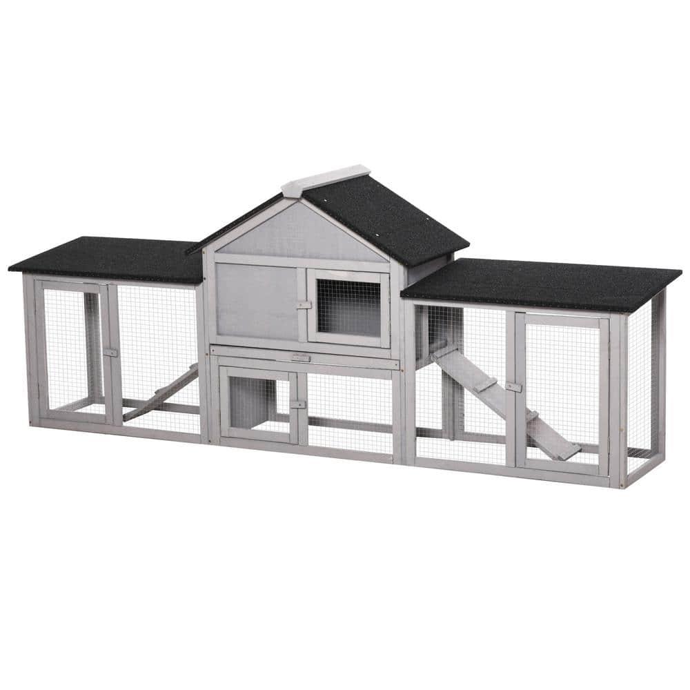 PawHut 83" Wooden Rabbit Hutch Large Bunny Hutch House with Double Run, Removable Tray and Waterproof Roof for Outdoor, Gray