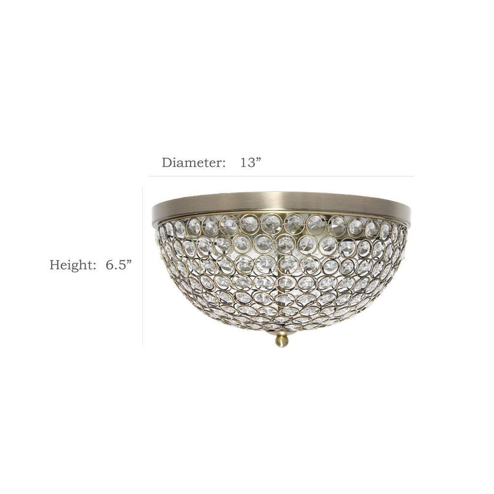 Elegant Designs Elipse Crystal 13" Modern Metal 2 Light Bowl Shaped Ceiling Flush Mount Fixture, Antique Brass