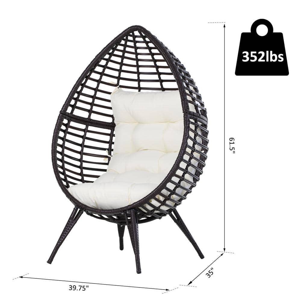 Outsunny Wicker Egg Chair, Oversized Indoor Outdoor Boho Lounge, Hand-Woven Water-Safe PE Rattan Furniture with Cushion, Beige
