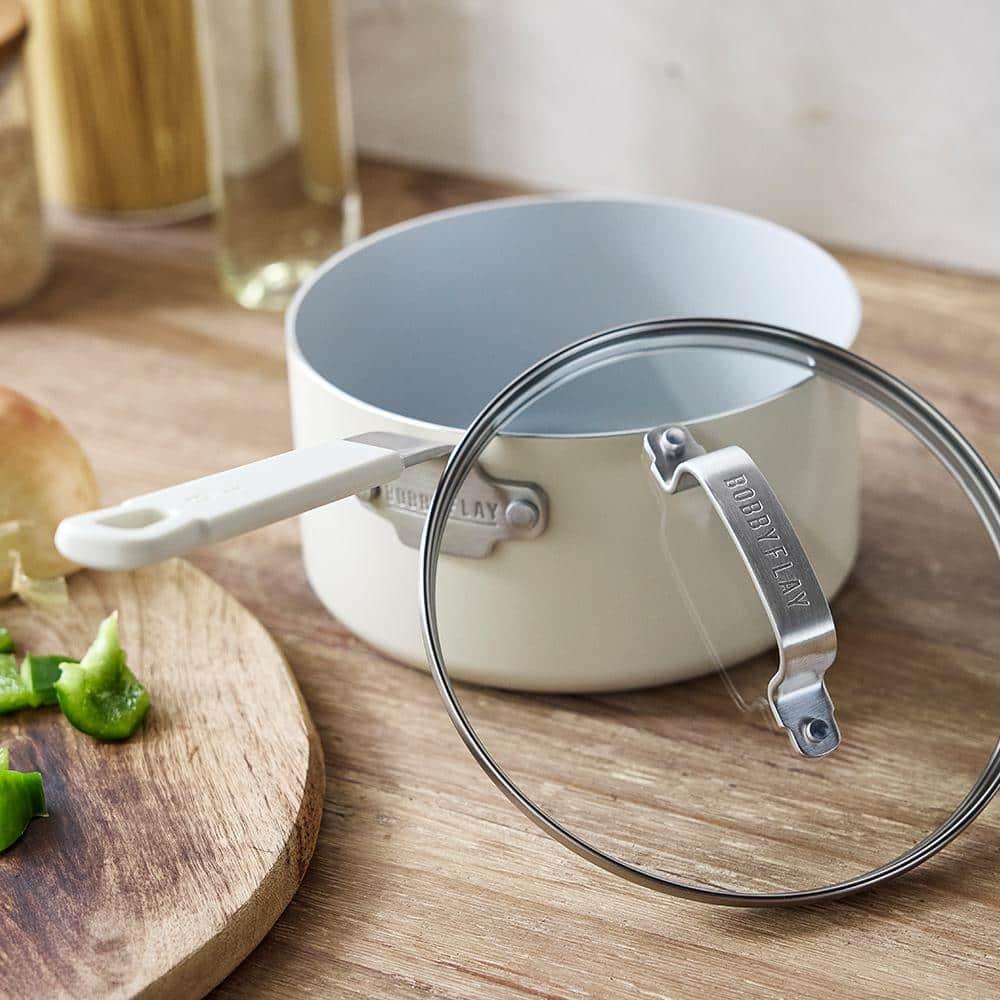 Bobby Flay 2.54qt Ceramic Nonstick Aluminum Sauce Pan with Lid Cream: Dishwasher-Safe, Lifetime Warranty, PTFE & PFOA Free
