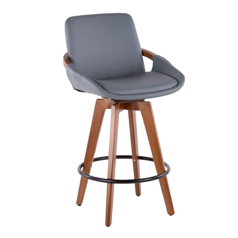 26" Cosmo Mid-Century Modern Counter Height Barstool Gray - LumiSource: Faux Leather, Walnut Wood Arms