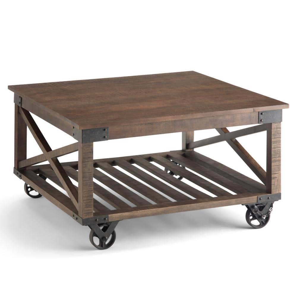 Simpli Home Harding 32"W Solid Mango Wood Industrial Square Coffee Table with Metal Accents, Open Shelf, and Iron Wheels