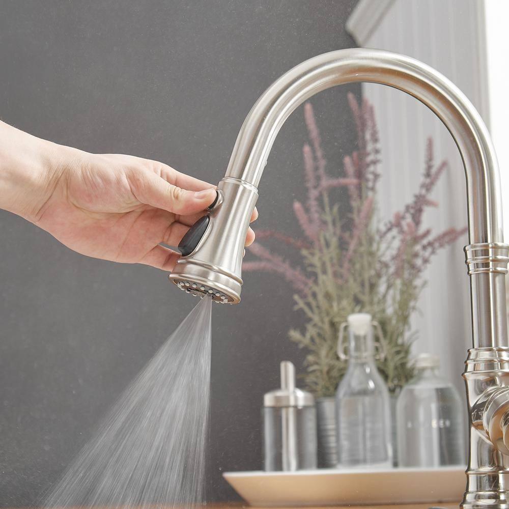 Kitchen Sink Faucet Brushed Nickel with Pull Down Sprayer 3 Mode Faucet for Kitchen Sink Single Handle High Arc Commercial Stainless Steel Pull Out RV Kitchen Faucet Bar,Deck Plate Include