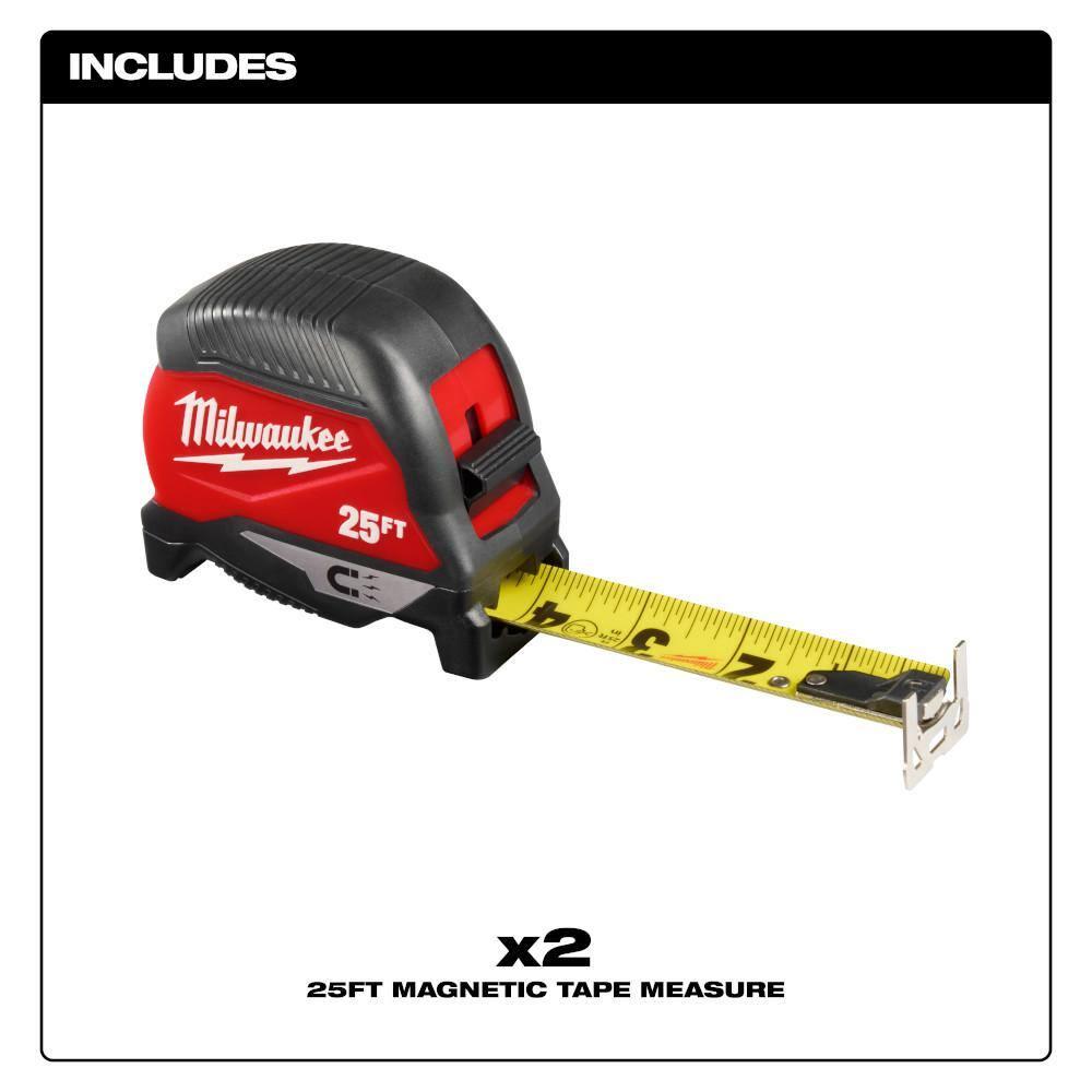Milwaukee 48-22-1025MG 25' Compact Magnetic Tape Measure, 2 Pack