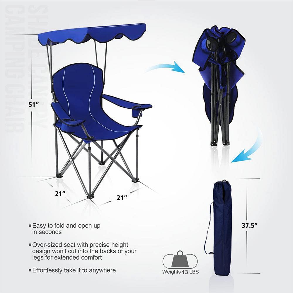 Topcobe Portable Folding Beach Canopy Chair with Cup Holders, Camping Chairs with Canopy, Blue