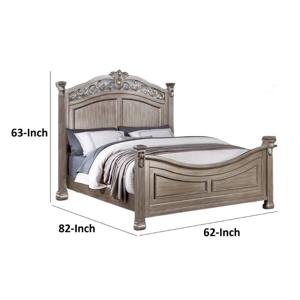 Benjara Aza Traditional Wood Queen Size Bed, Leaf Carvings, Champagne Gold Finish