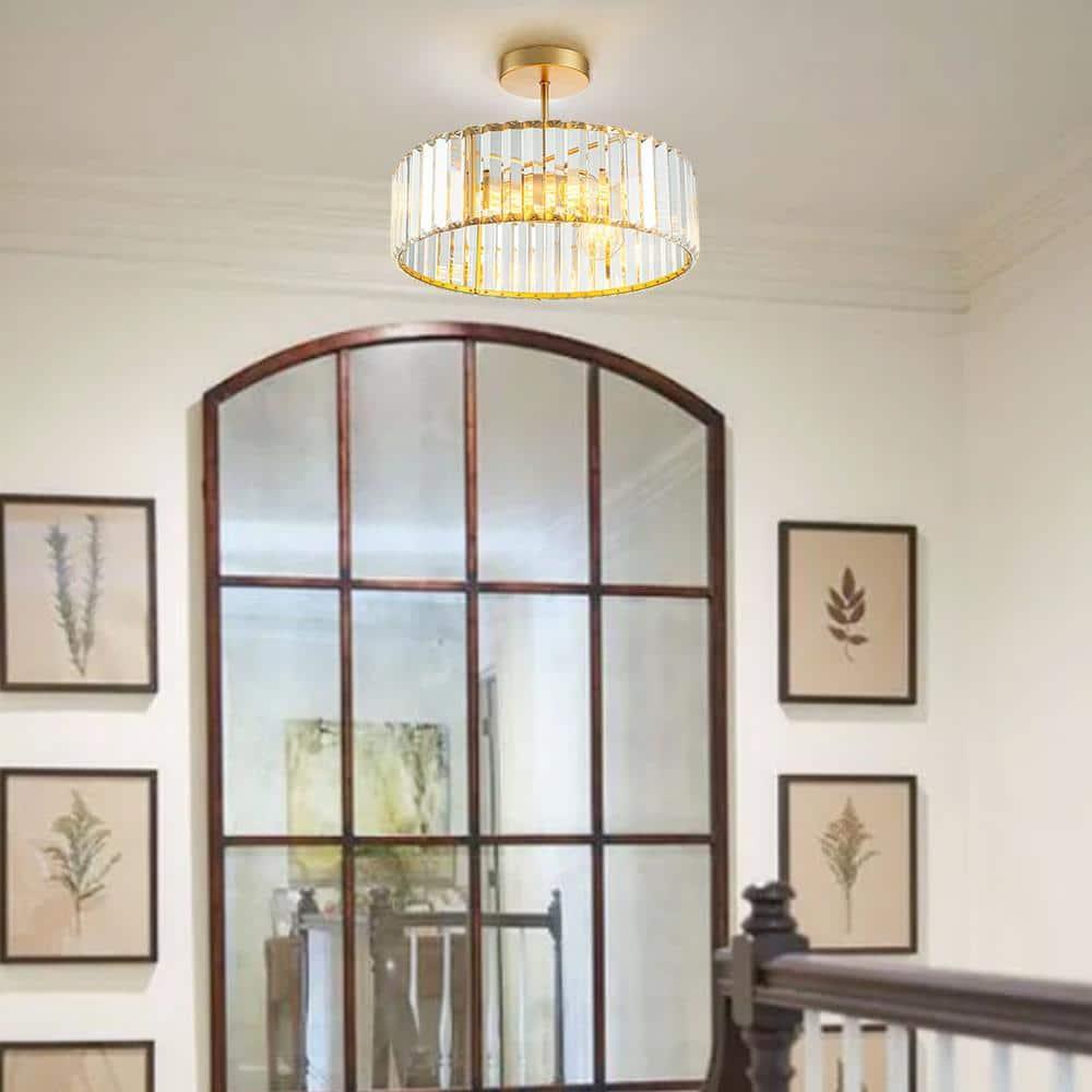 15 in. 3-Light Gold Crystal Semi Flush Mount Ceiling Light with Clear Glass Shade for Living Room No Bulbs Included