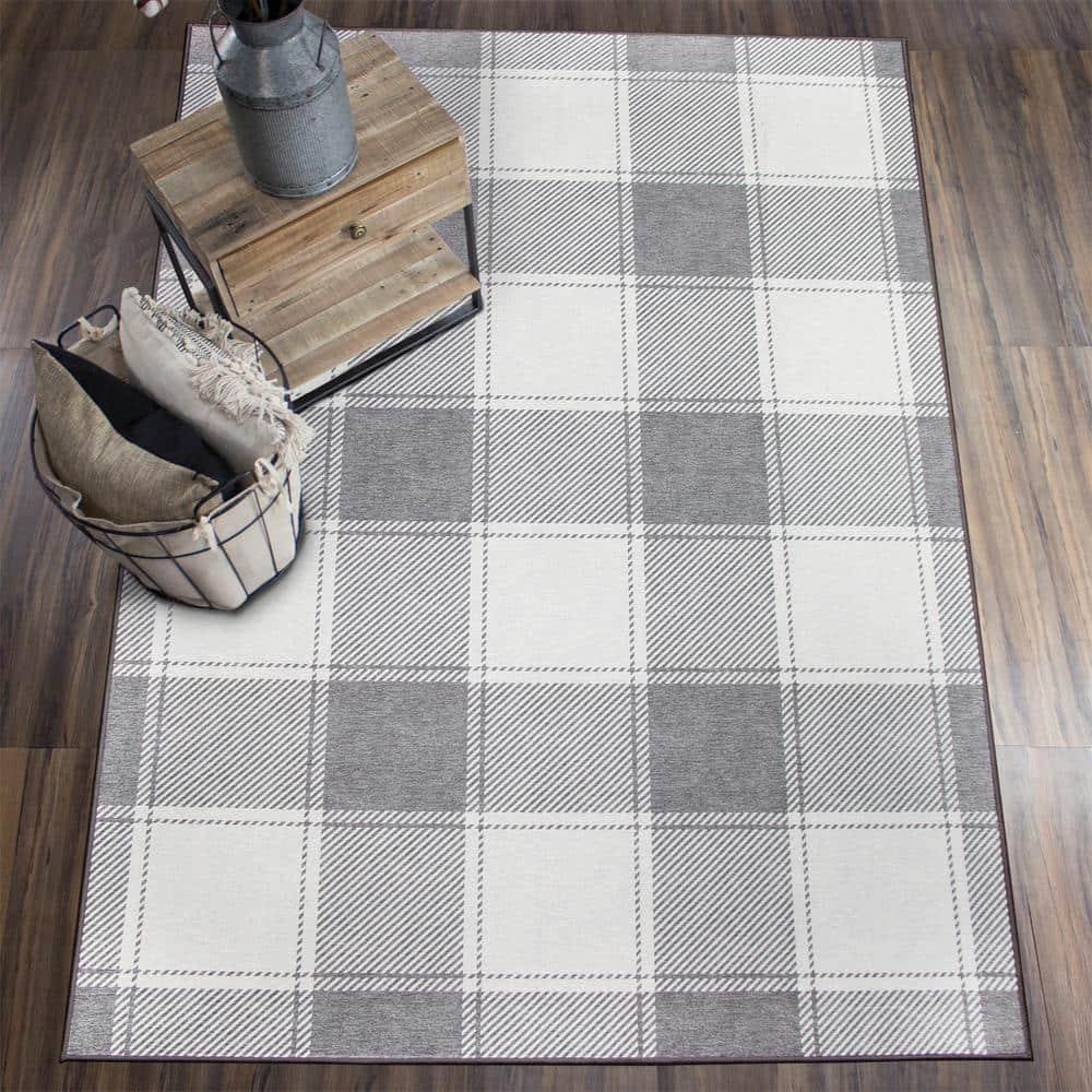 My Magic Carpet Buffalo Plaid Grey And White Plaid Flatweave Brown/Ivory Washable Area Rug | Wayfair