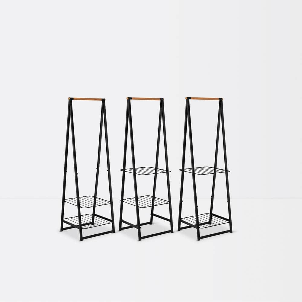 Black Steel and Bamboo Freestanding Garment Rack with Adjustable Shelves