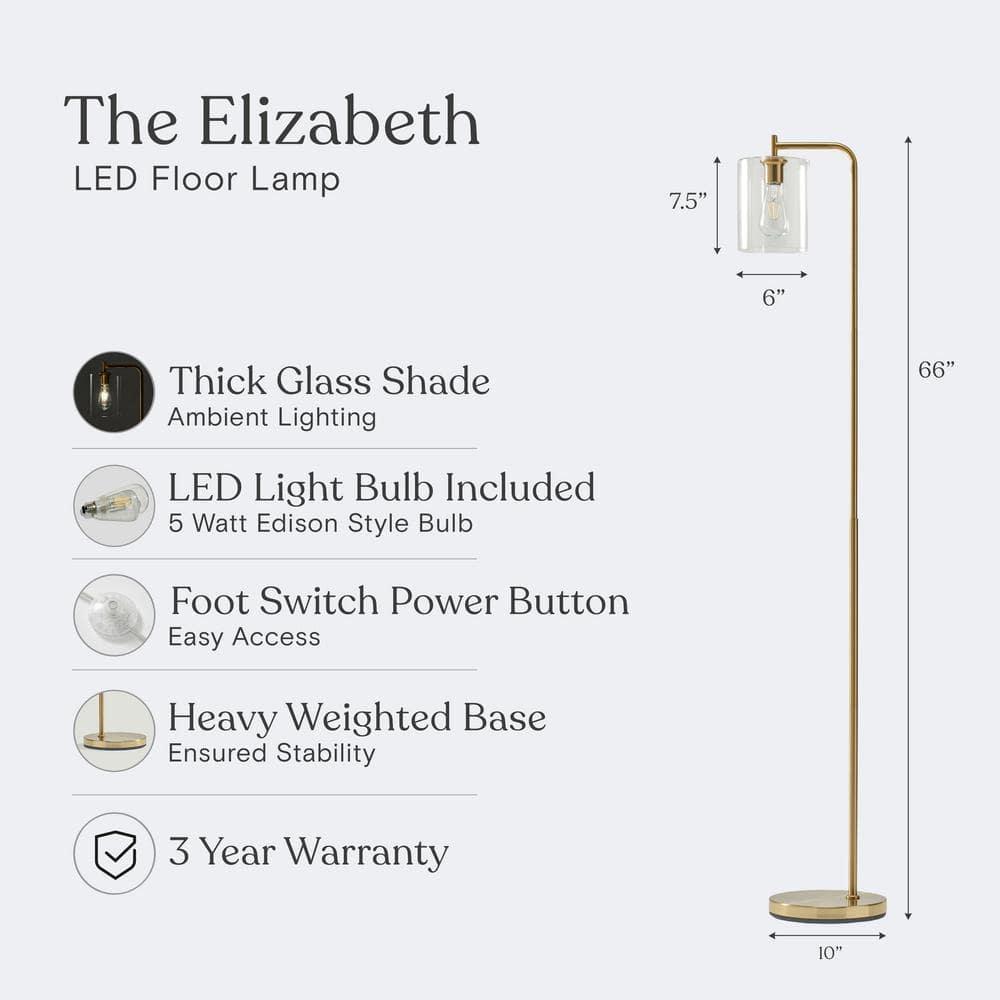 Brightech Elizabeth 66 in. Brass Industrial LED Floor Lamp with Glass Shade and Edison Bulb, Gold