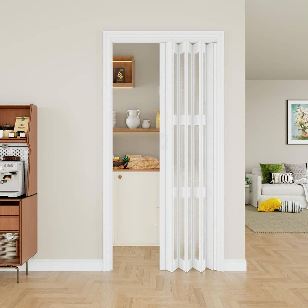 Upgrade Dual Layer Vinyl Accordion Door with Handles and Magnetic Door Lock, 4-Lite Frosted Acrylic Glass, White