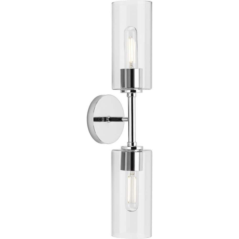 Progress Lighting Cofield 2-Light Wall Bracket, Polished Chrome, Cylindrical Glass Shade