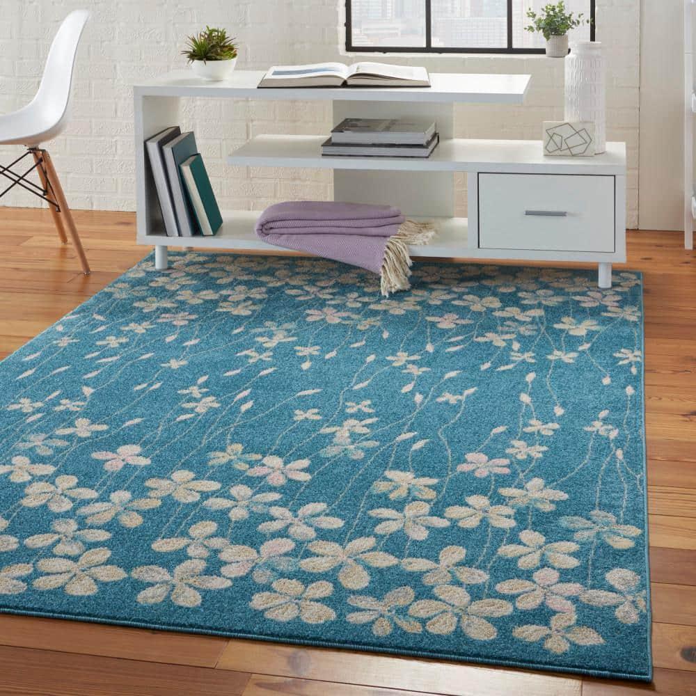 Nourison Tranquil 5'3" X 7'3" (5' x 7') Turquoise Area Rug Bohemian Botanical Vine and Bloom by Nourison