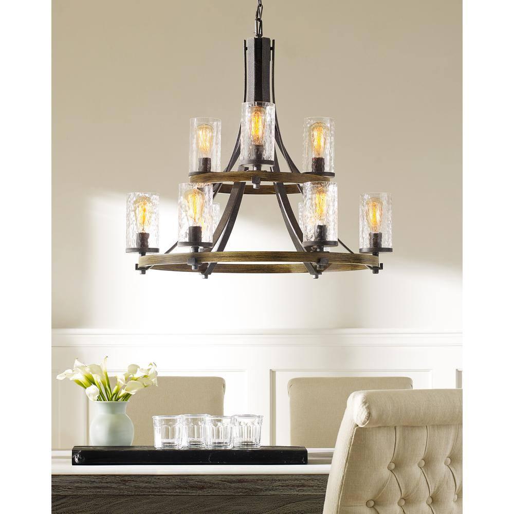 Distressed Weathered Oak and Slate Grey 9-Light Chandelier