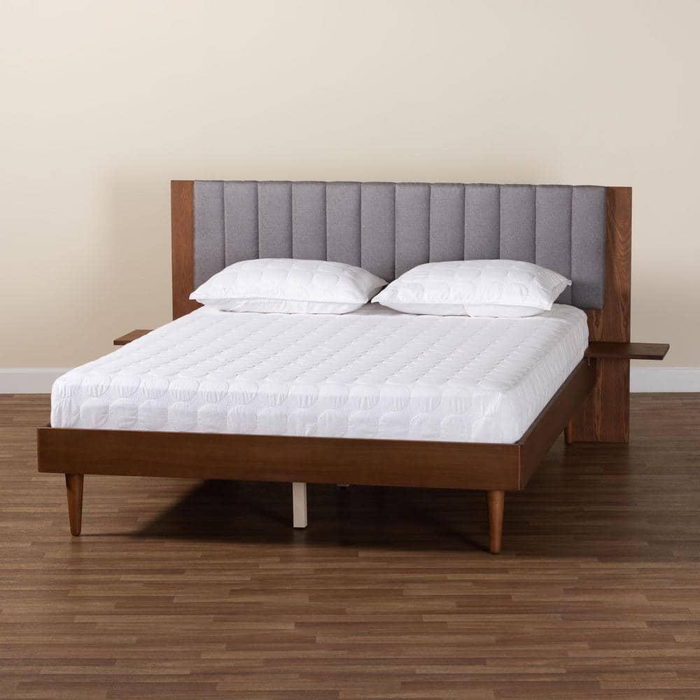 Baxton Studio Kalista Gray Fabric and Brown Wood Queen Size Bed with Tables