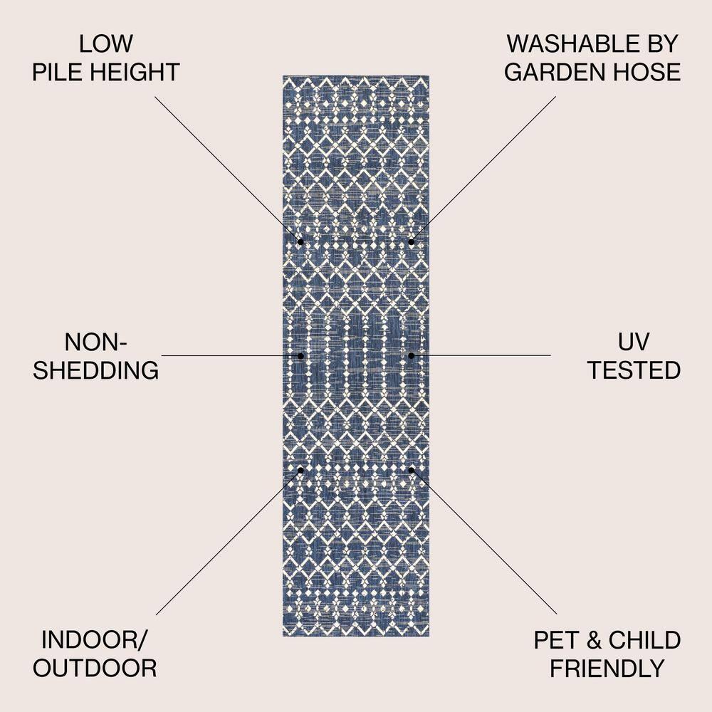 2' x 10' Ourika Moroccan Geometric Textured Weave Indoor/Outdoor Runner Rug, Navy/Beige - JONATHAN Y