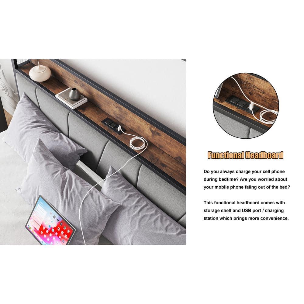 BTMWAY Queen Size Bed Frame for Kids, New Upgraded Metal Queen Platform Bed with Storage Headboard with Charging Station, Bedroom Metal Bed for Teens Adults, Holds 400lbs, No Box Spring Needed, Black