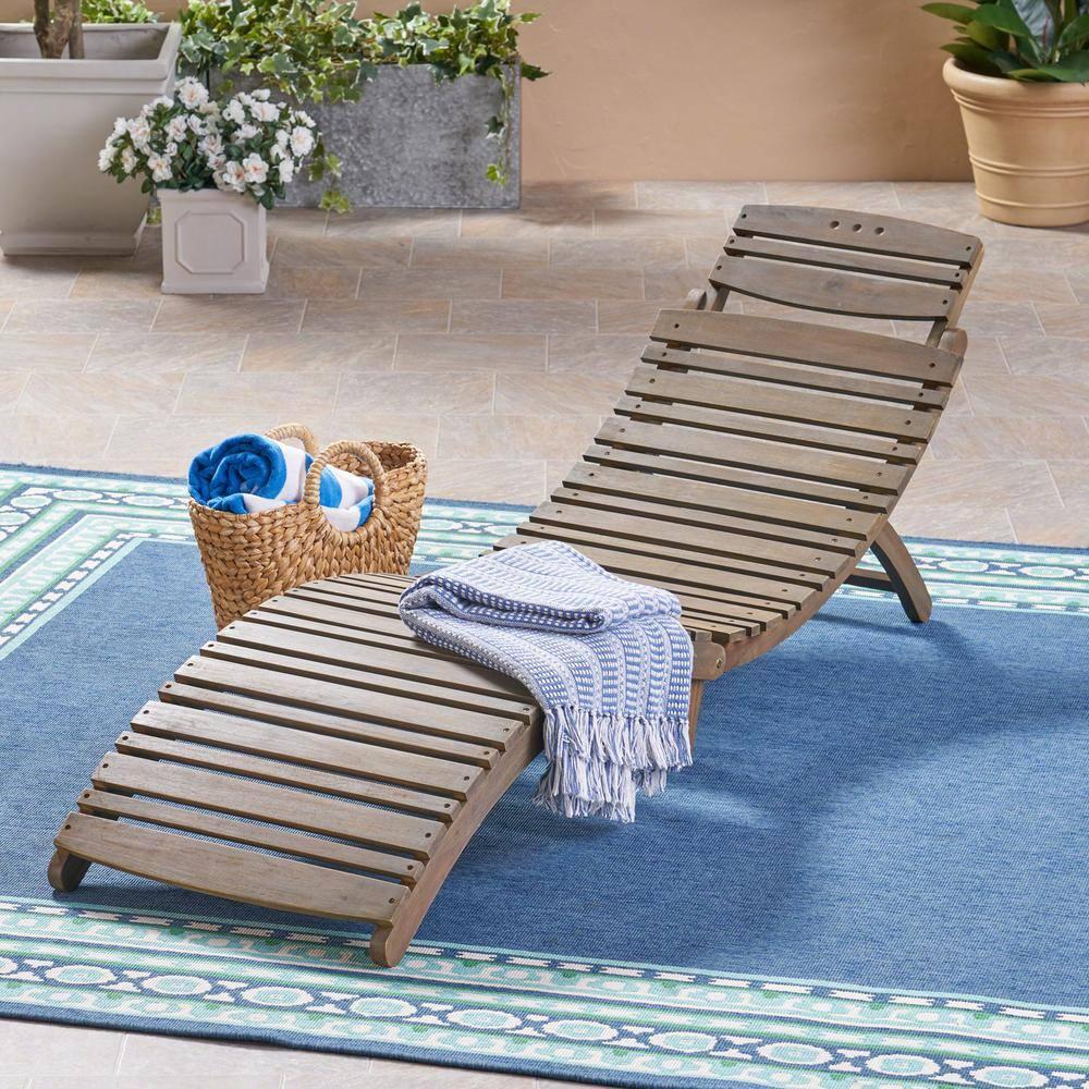 Christopher Knight Home Lisbon Outdoor Acacia Wood Folding Armless Chaise Lounge (Set of 2), Gray