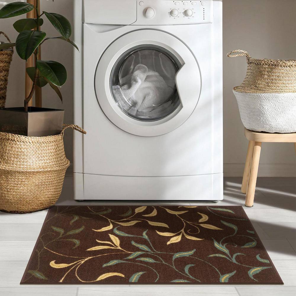 Ottohome Non-Slip Leaves Area Rug For Living Room, Hallway Runner, Entryway Rug, Brown
