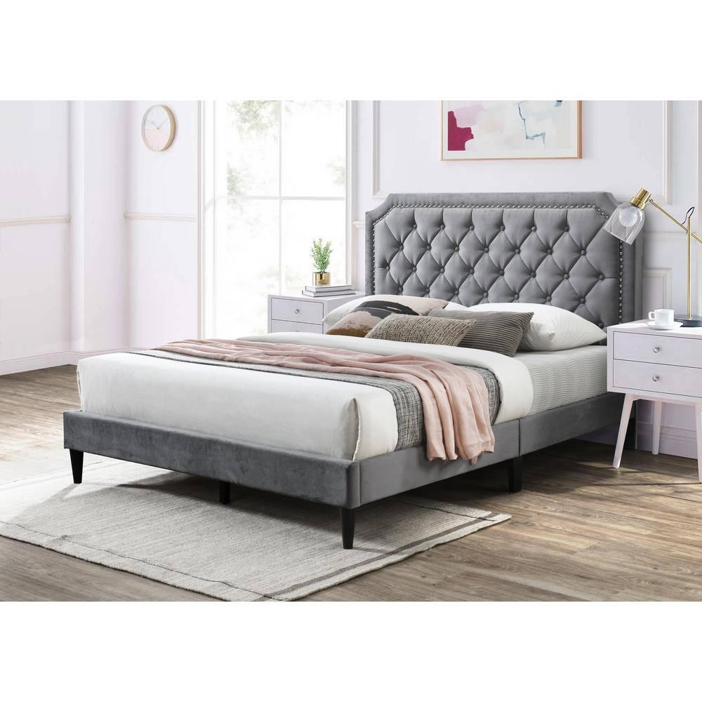 Urban Home Furniture Ava Plush Velvet Tufted Buttoned Upholstered Headboard Clipped Edge Nailhead Decorated Platform Bed Frame with Wood Slats Support Legs Queen - Charcoal Grey