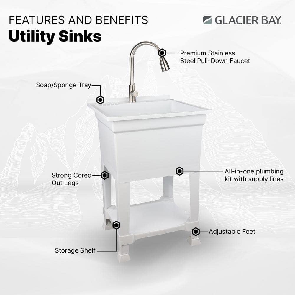 UTILITYSINKS Plastic 24" Freestanding Compact Utility Tub Sink for Workshop, Laundry Room, Garage, Greenhouse & Pet Wash Station, White