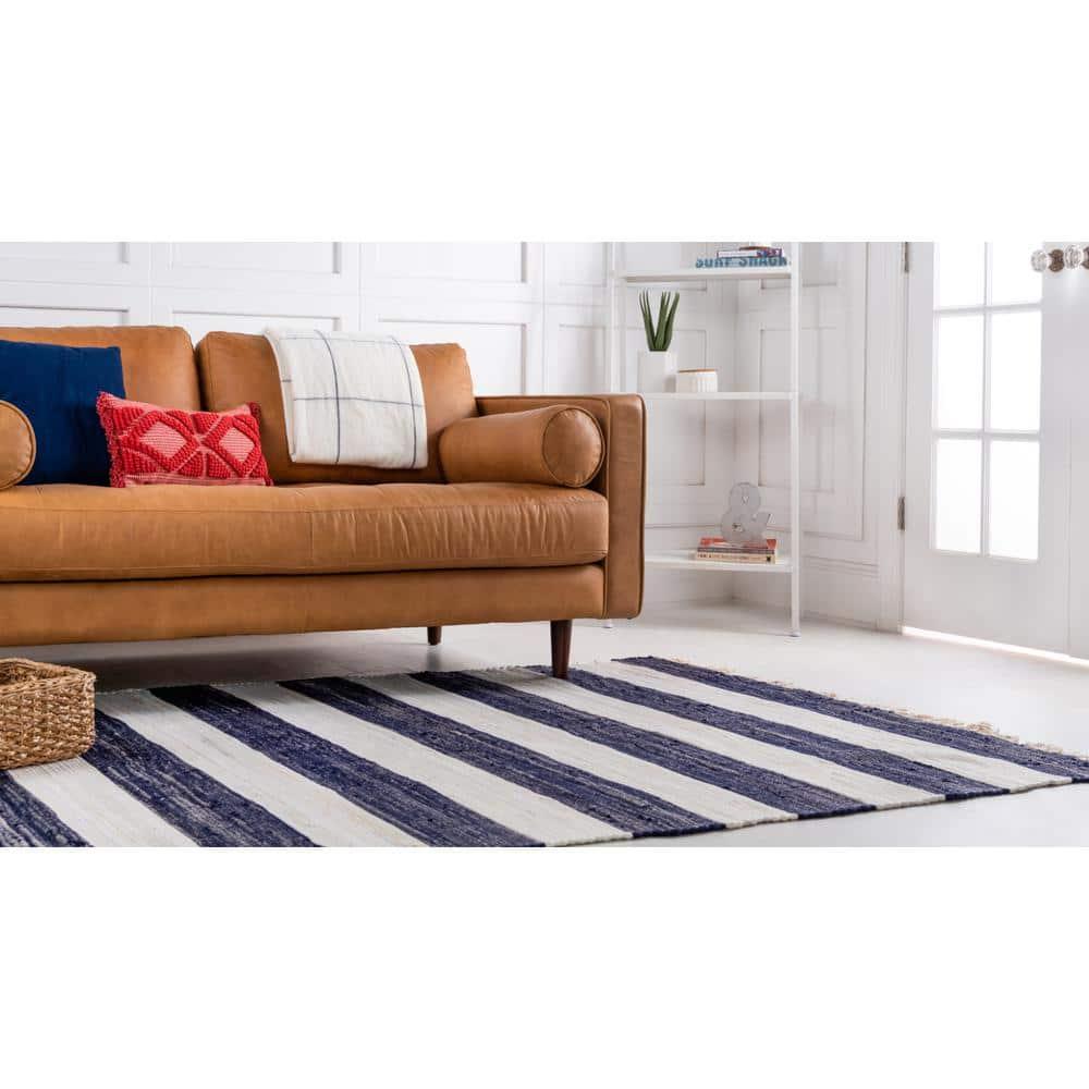 Unique Loom Chindi Rag Collection Area Rug - Striped (5' 1" x 8' Rectangle Navy Blue/Ivory)
