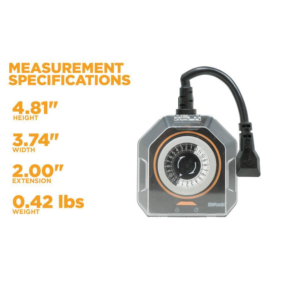 Woods 50123WD Black Outdoor 24-Hour Mechanical Timer with 2 Grounded Outlets