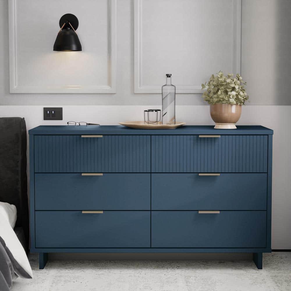 Granville Modern 6 Drawer Double Wide Dresser Midnight Blue - Manhattan Comfort: UV Painted, Soft Close, Wood Frame