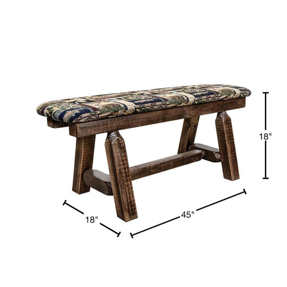 45 in. Homestead Collection Plank Style Bench with Woodland Upholstery, Stain & Clear Lacquer Finish