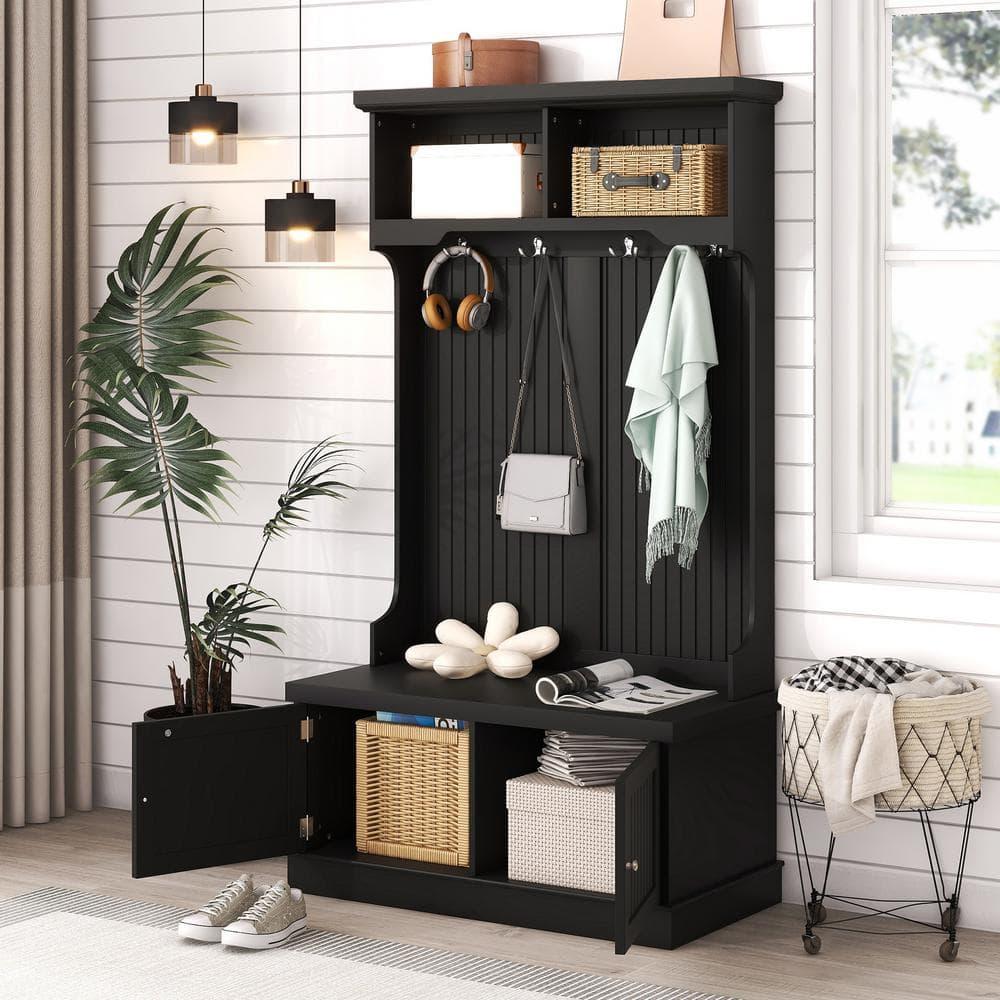 Infinity Hall Tree with Storage Shoe Bench for Entryway and Hallway, 4-in-1 Design Coat Racks with 4 Hooks for Living Room, Black